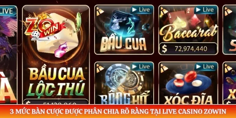 Live Casino ZOWIN 3 3 mức bàn cược được phân chia rõ ràng tại live casino ZOWIN