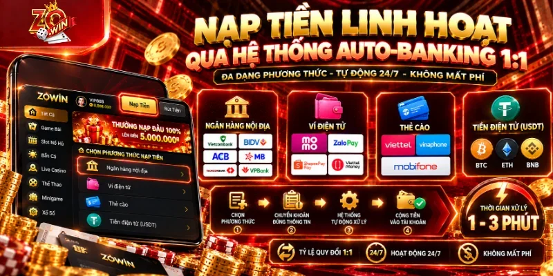 ZOWIN 25 Bước 3: Nạp tiền linh hoạt qua hệ thống Auto-Banking 1:1